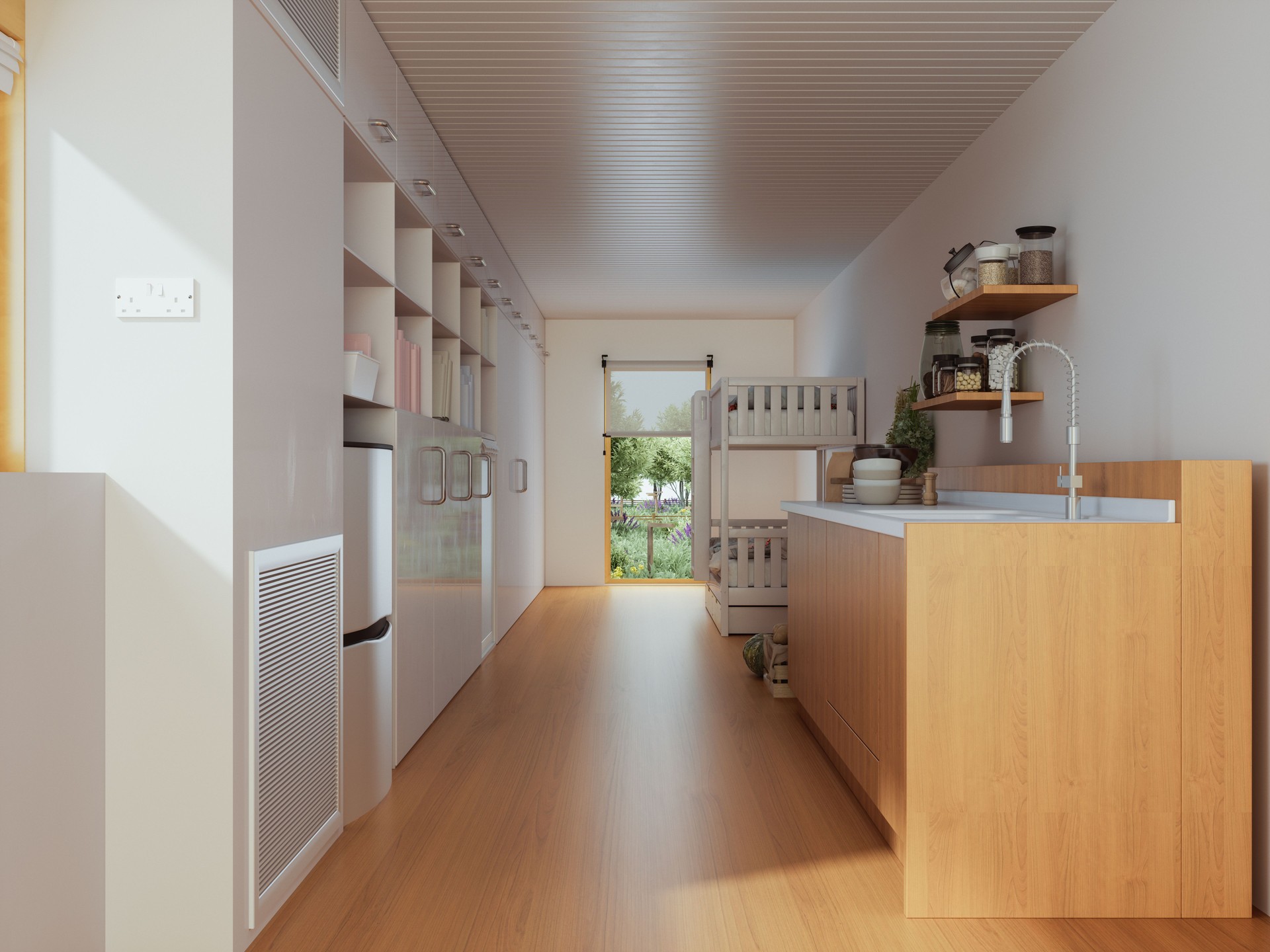 Tiny House Interior With Kitchen Counter, Cabinets And Bunkbed